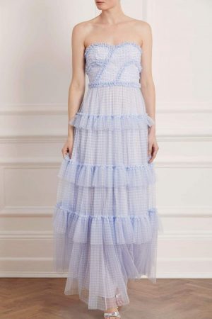 Womens Caroline Gingham Tulle Corset Gown Blue | Needle & Thread Prom Dresses