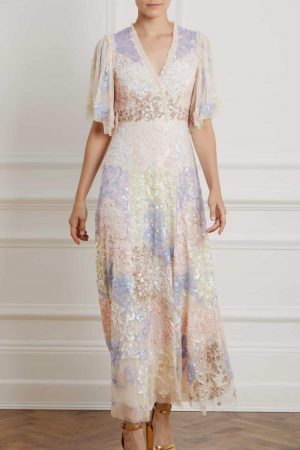 Womens Eliza Sequin Ankle Length Gown Champagne | Needle & Thread Dresses