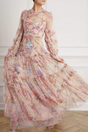 Womens Floral Diamond Ruffle Gown Multi | Needle & Thread Printed Dresses