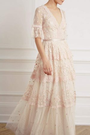 Womens Midsummer Lace Gown Champagne | Needle & Thread Dresses