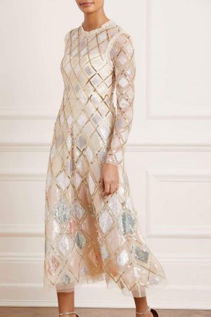 Womens Sequin Diamond Ballerina Dress Champagne | Needle & Thread Dresses