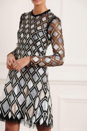Womens Sequin Diamond Mini Dress Black | Needle & Thread Dresses