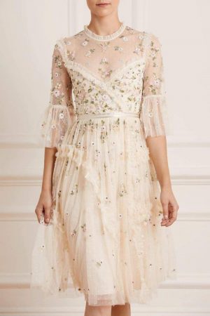 Womens Shimmer Ditsy Long Sleeve Dress Champagne | Needle & Thread Dresses