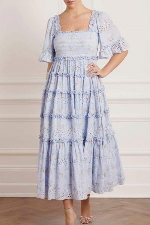 Womens Spray Blossom Smocked Ankle Gown Blue | Needle & Thread Summer Dresses