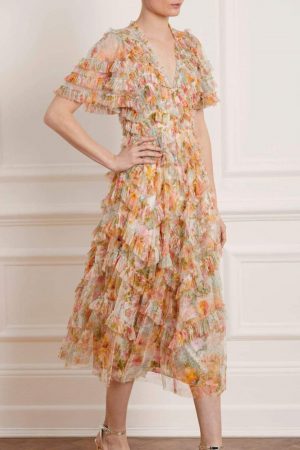 Womens Sunset Garden V-Neck Ballerina Dress Multi | Needle & Thread Dresses